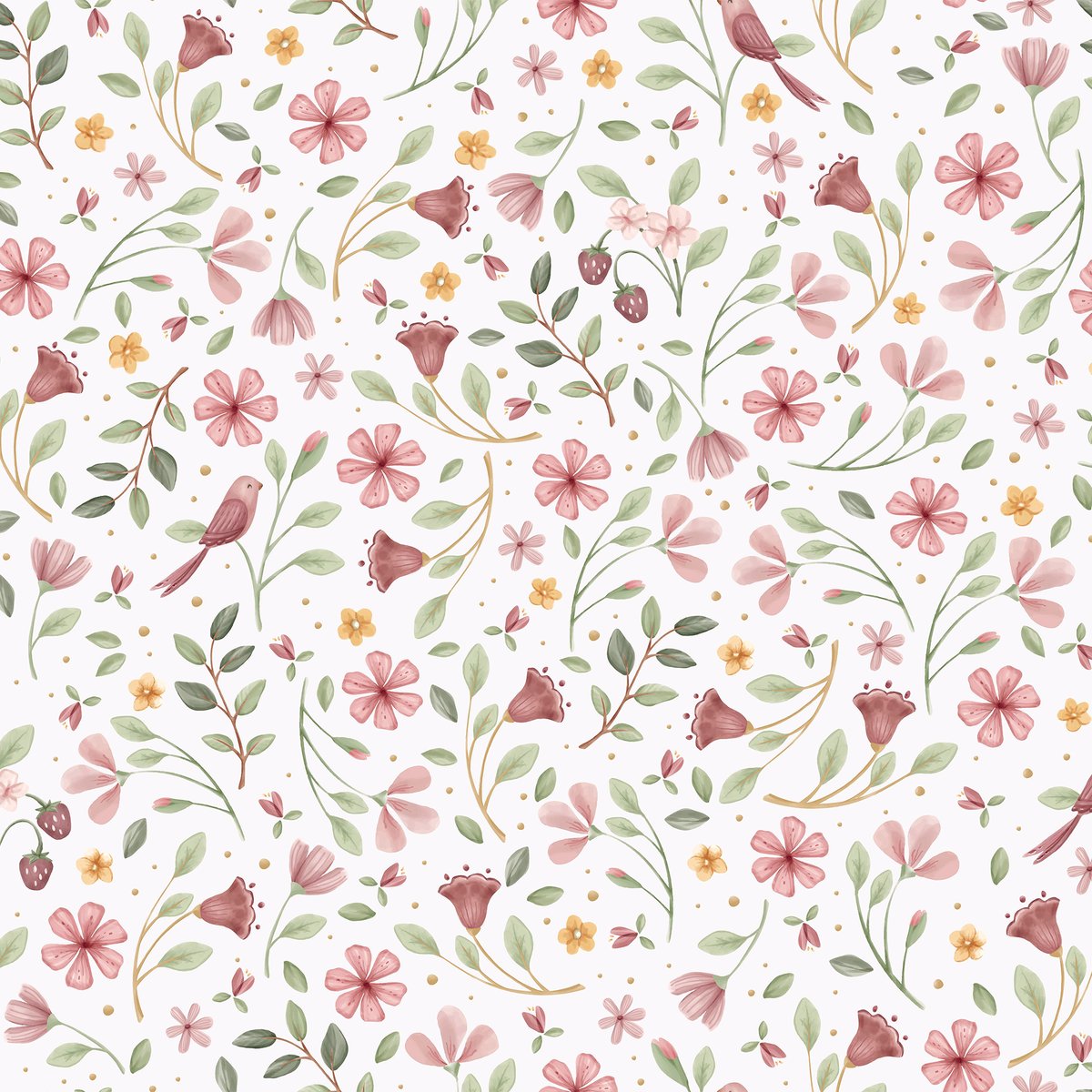 Papier peint pour enfant Farandole fleurie rose, vert, blanc, LITTLE DUTCH