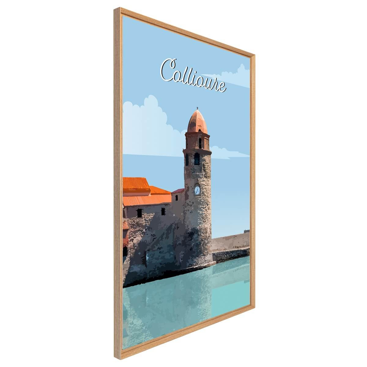 Tableau Mural Illustration Clocher De Collioure ARCHITECTURE bleu-fibres de bois, CEANOTHE