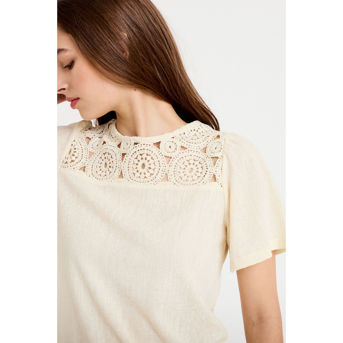 T-shirt manches courtes aspect dentelle ecru, CACHE CACHE