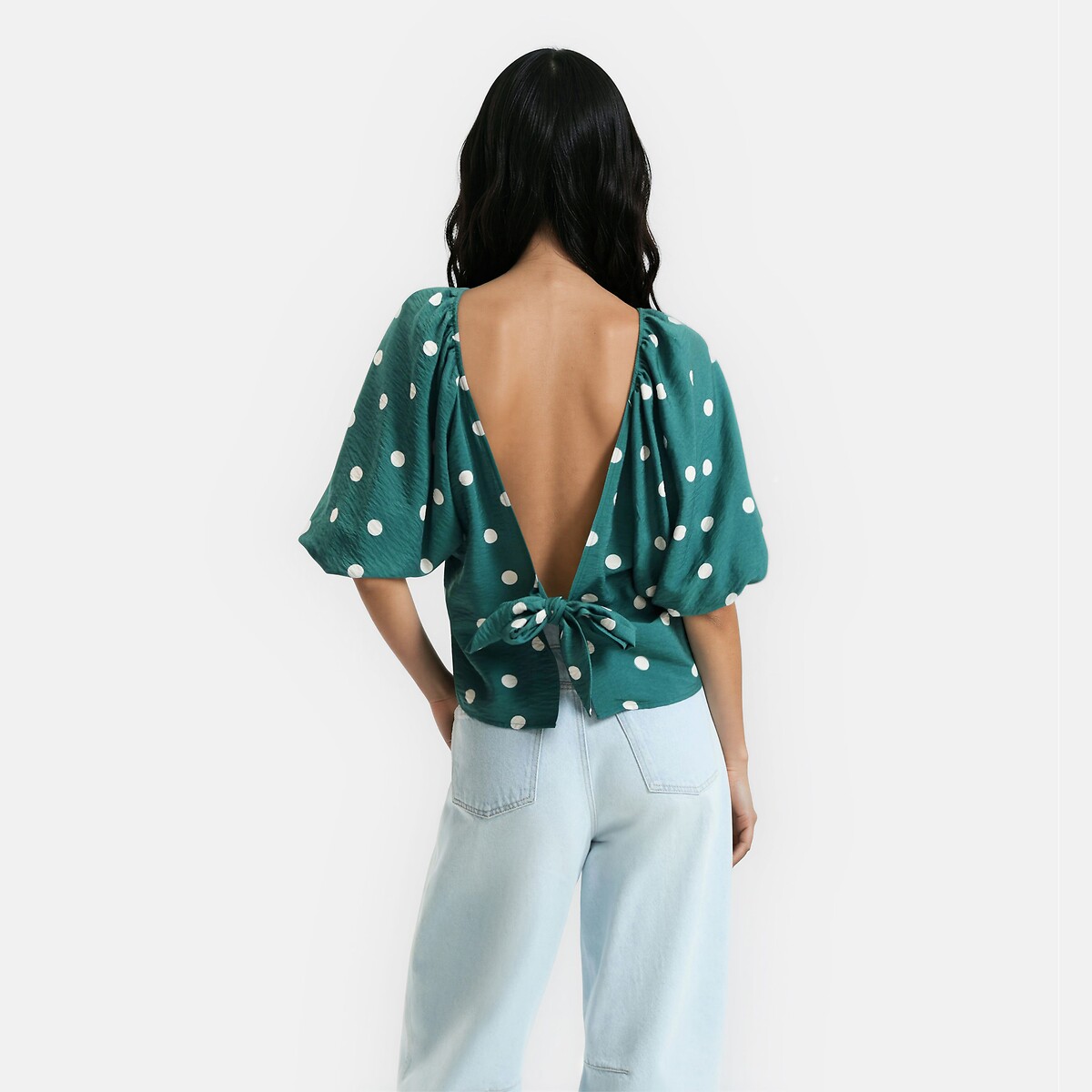 Polka Dot Blouse with Crew Neck and Puff Sleeves polka dot print/green background, LA REDOUTE COLLECTIONS