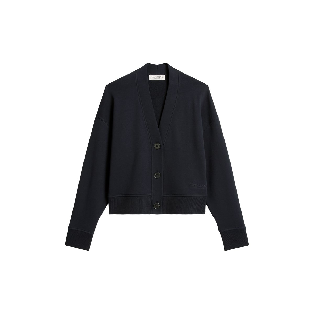 Sweat-Cardigan relaxed avec poignet en tricot côtelé bleu foncé, MARC O'POLO