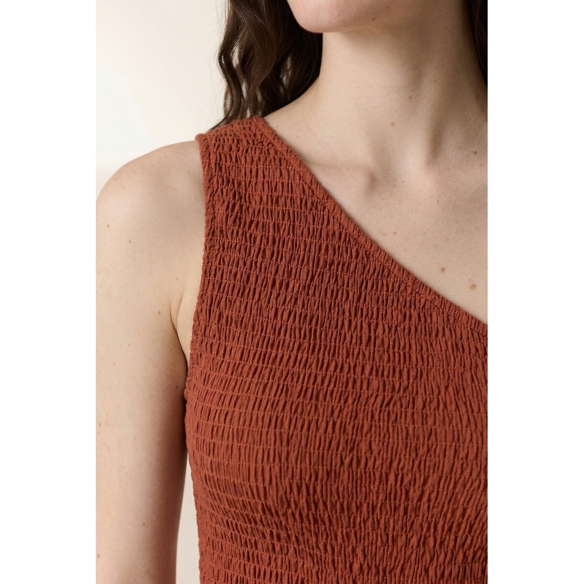 Rahul Asymmetric Midi Dress with Smocked Detail terracotta, LEON & HARPER