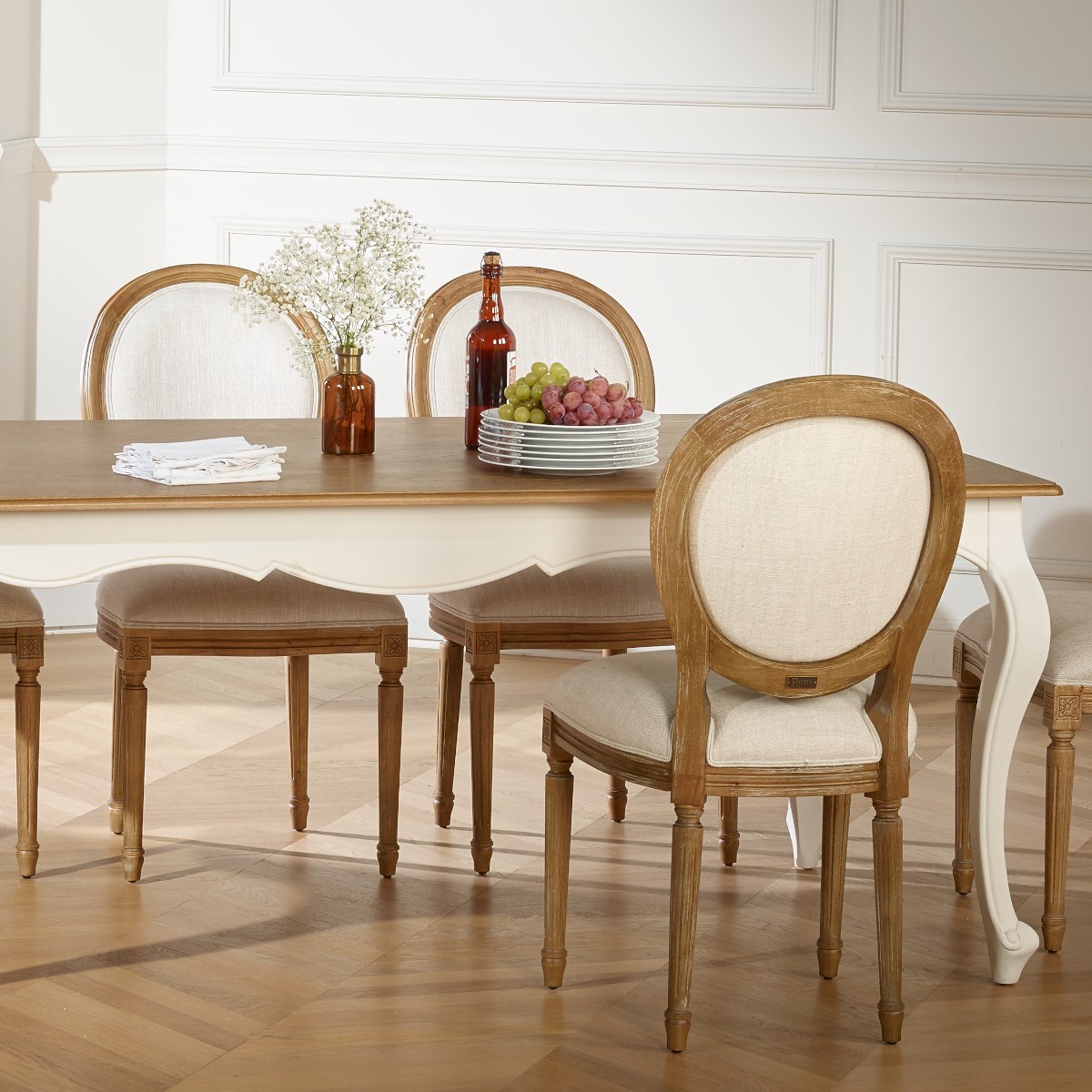 Table rectangulaire, plateau en chêne 8 couverts LOURDES blanc, ROBIN DES BOIS