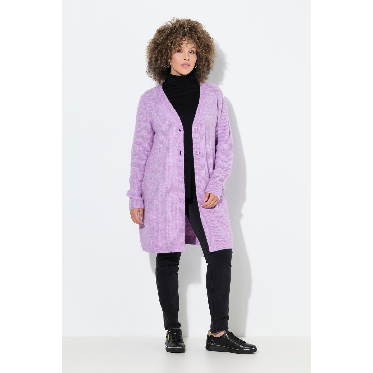 Cardigan long en maille côtelée, col en V prune clair, ULLA POPKEN