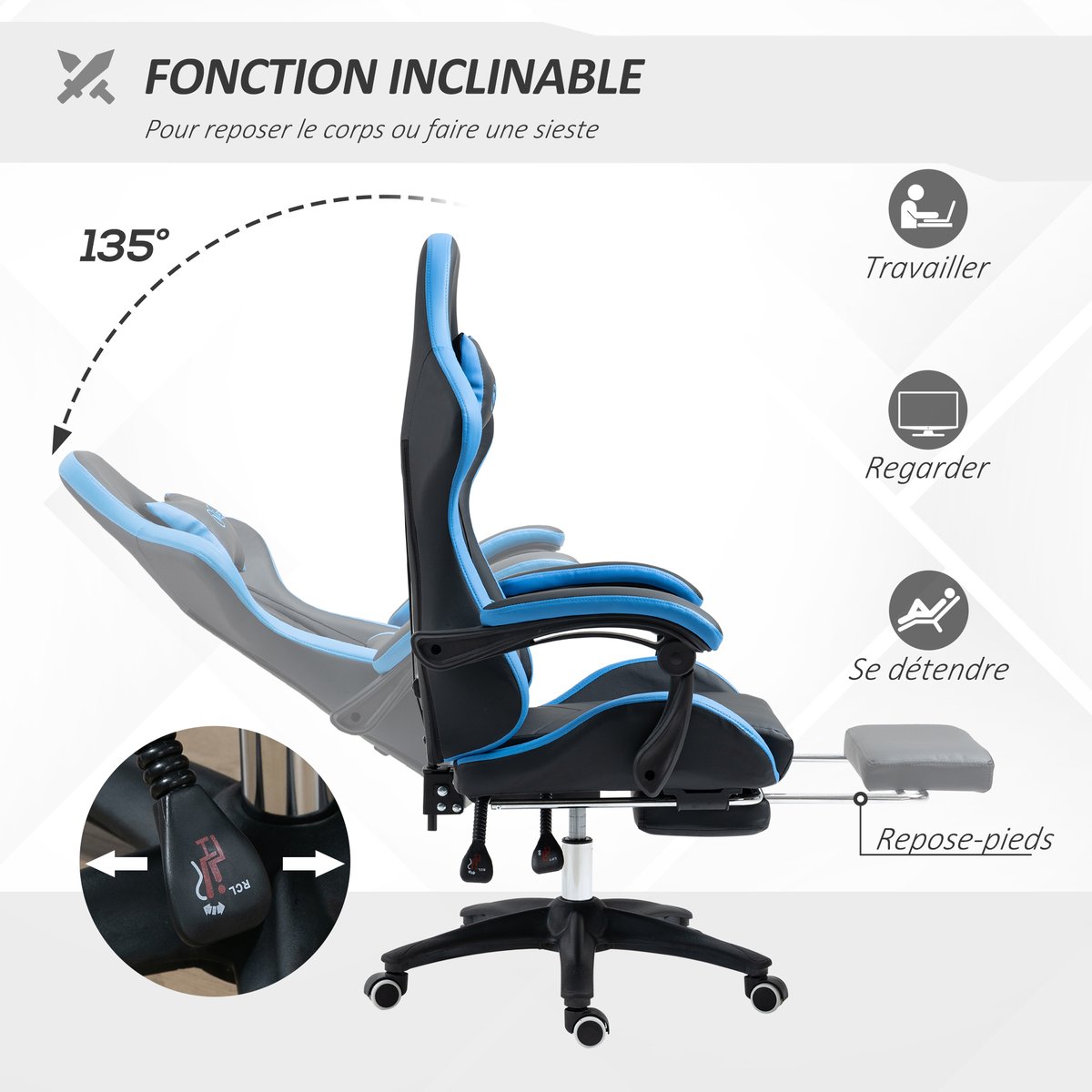 Fauteuil gaming Polyuréthane Noir noir et bleu, HOMCOM