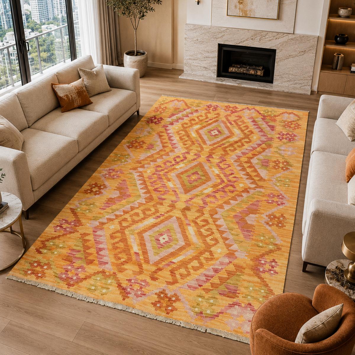 Tapis kilim ethnique, tissage plat artisanal, KILIM 78 orange, rouge, vert, UN AMOUR DE TAPIS