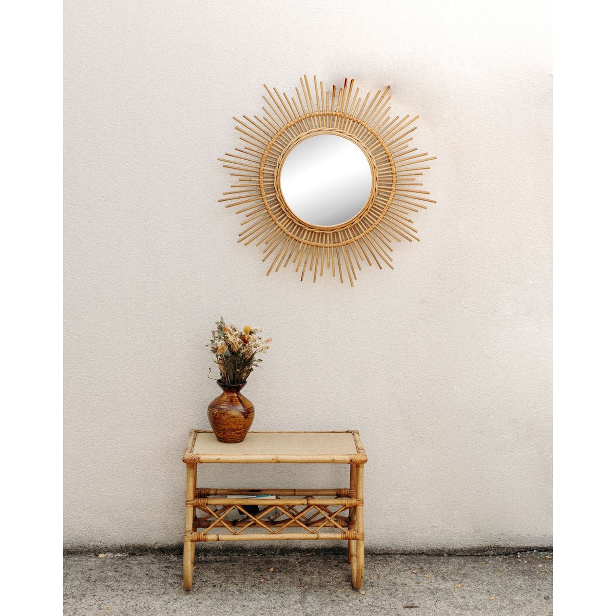 Grand miroir soleil en rotin Georges N°1276 - Bon état bois clair, DEBONGOUT