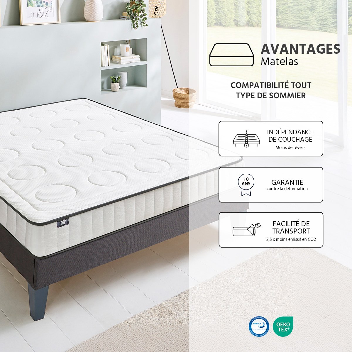 Matelas Cristal - Mémoire de forme - Densité 40 kg/m³ - 18 cm d'épaisseur - Accueil équilibré, soutien ferme blanc, OLYMPE LITERIE
