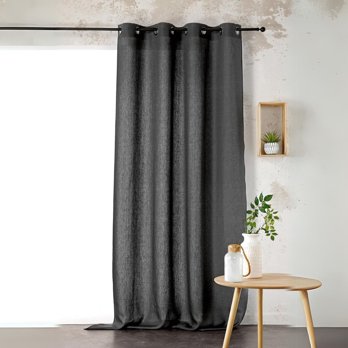 Rideau Voilage uni 100% lin gris anthracite, LINDER