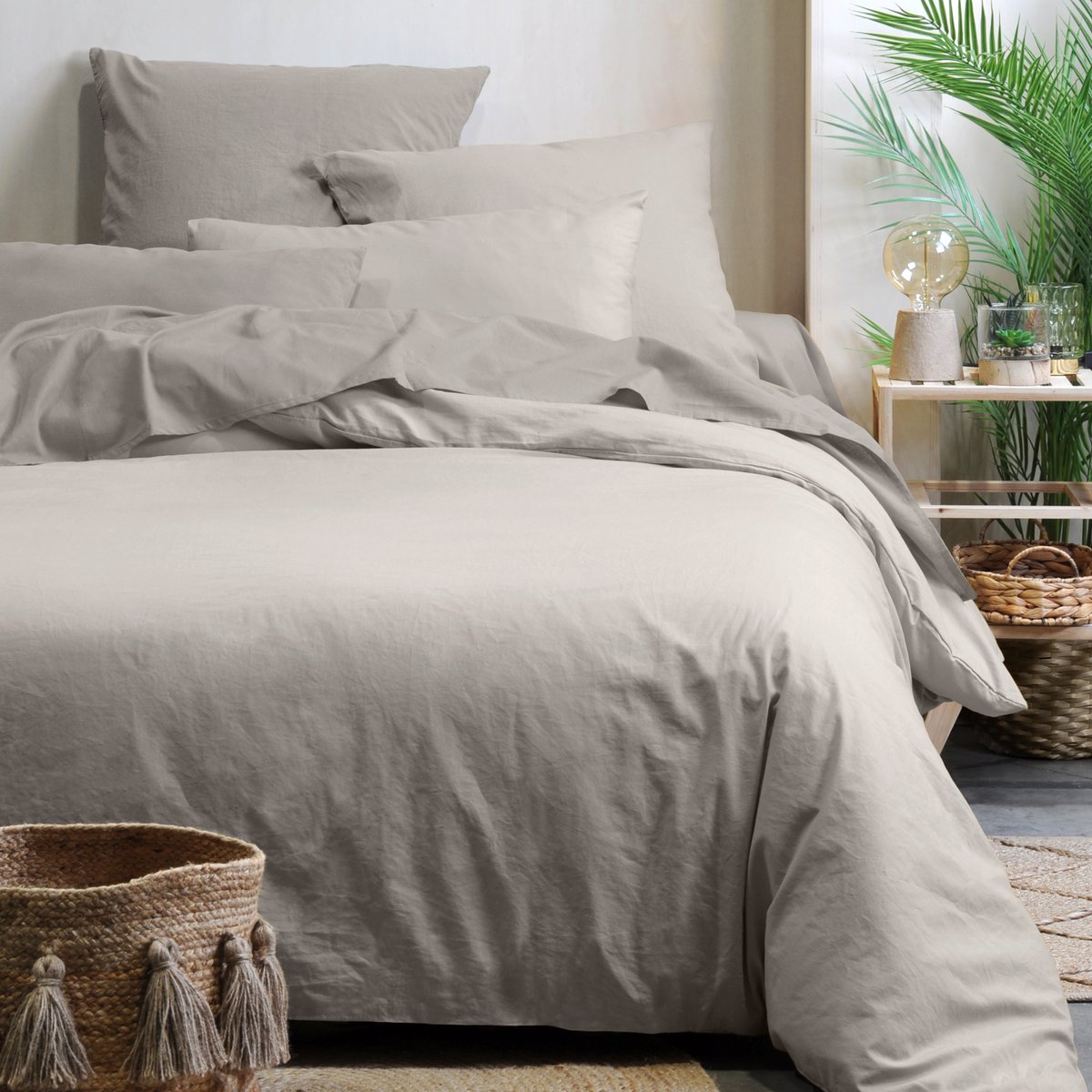 Drap housse uni en coton bio beige, LOVELY CASA