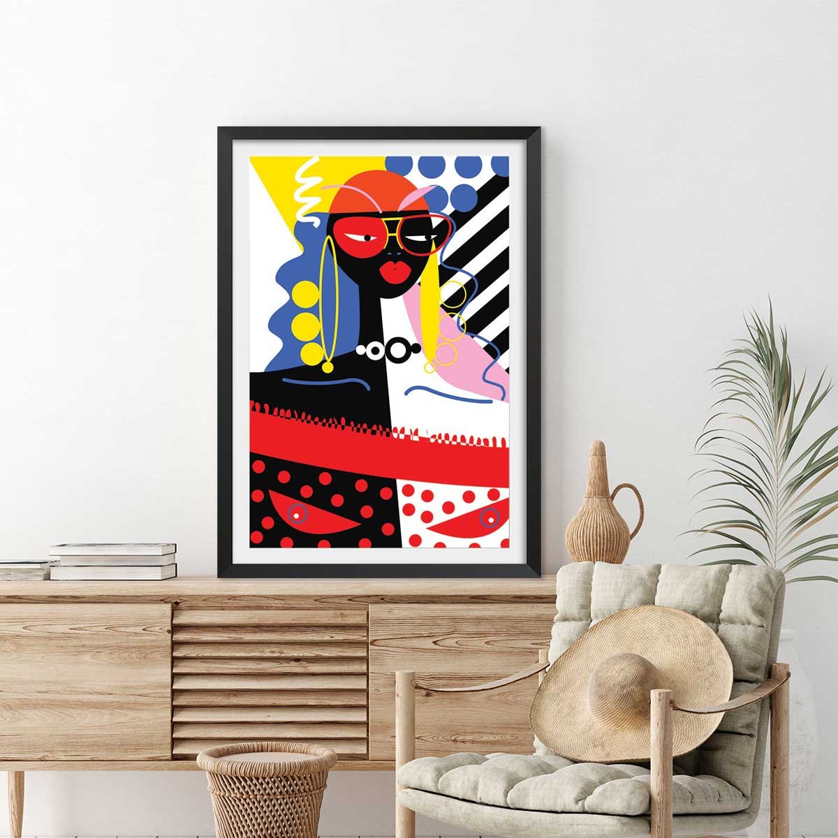 Affiche collage la femme aux lunettes affiche + cadre en bois - noir, HEXOA