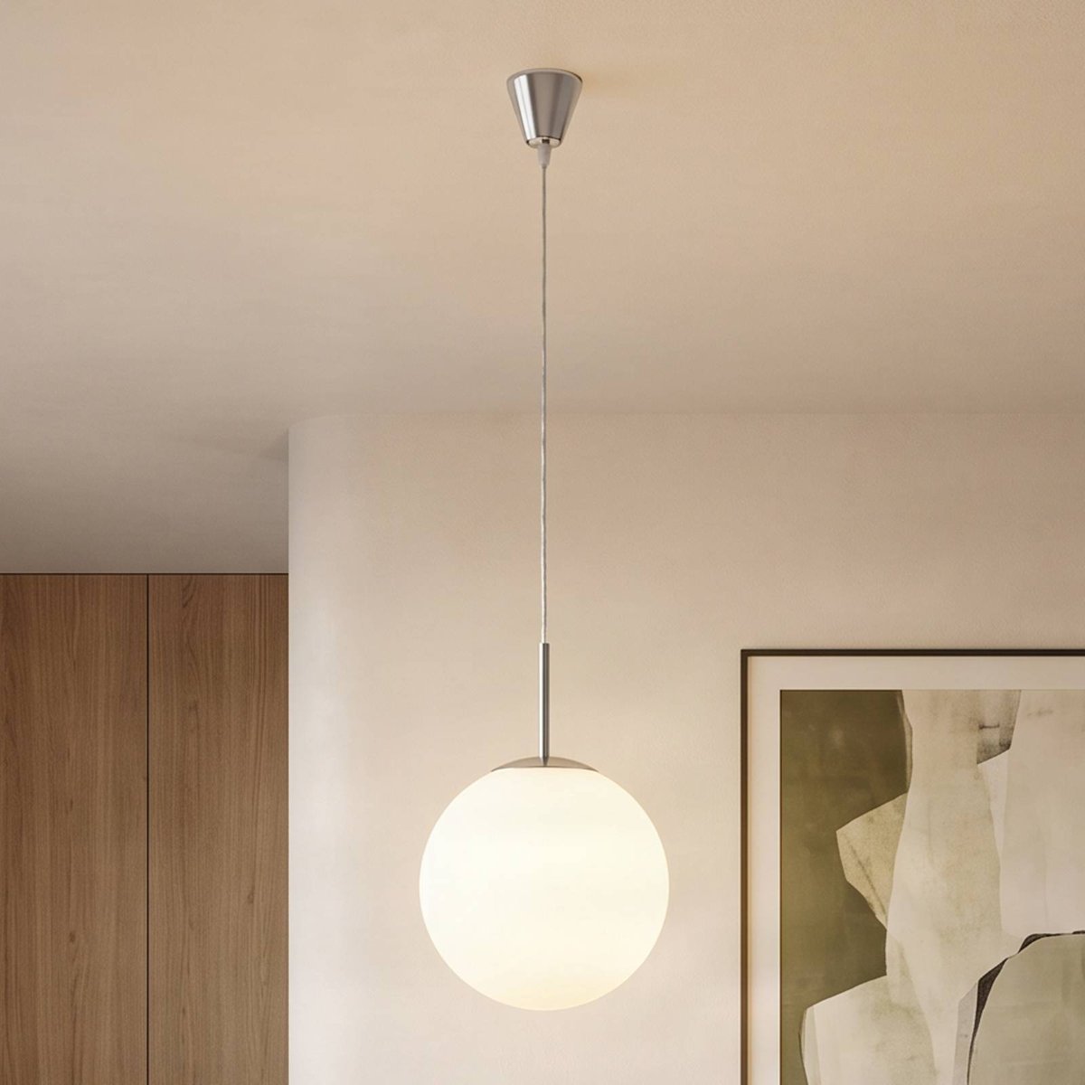 Suspension en verre moderne, Marike blanc, nickel satiné, LINDBY