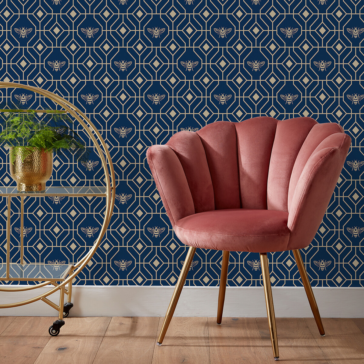10m Bee Deco Geometric Printed Wallpaper dark blue, FURN.