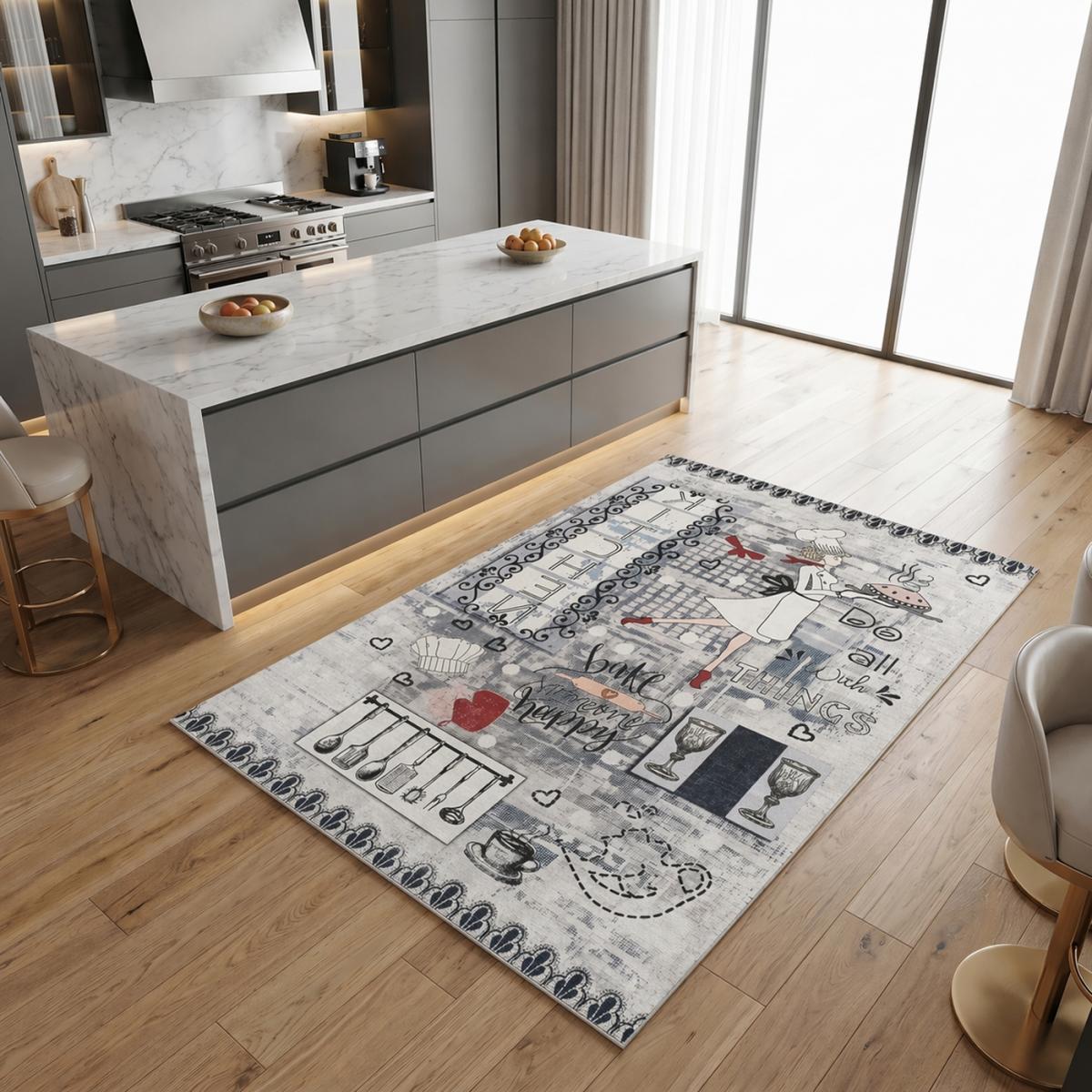 Tapis de cuisine, motif texte kilim tissé, lavable en machine LYN11 CHEF gris, noir, rouge, UN AMOUR DE TAPIS