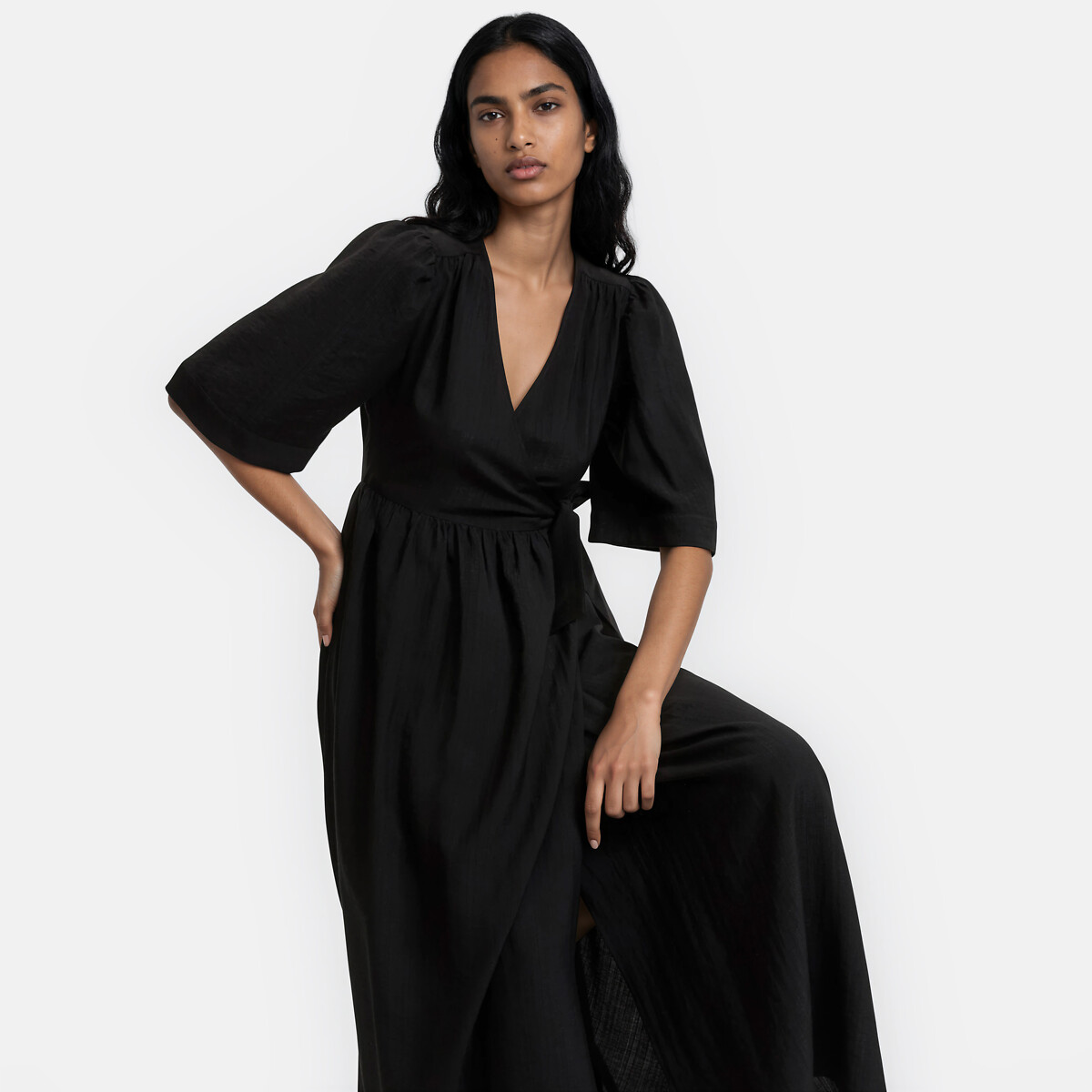 Abito lungo a portafoglio maniche corte nero , LA REDOUTE COLLECTIONS