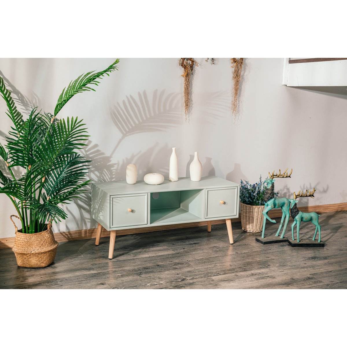 Meuble TV 2 tiroirs, bois, AKITA vert menthe, NORDLYS