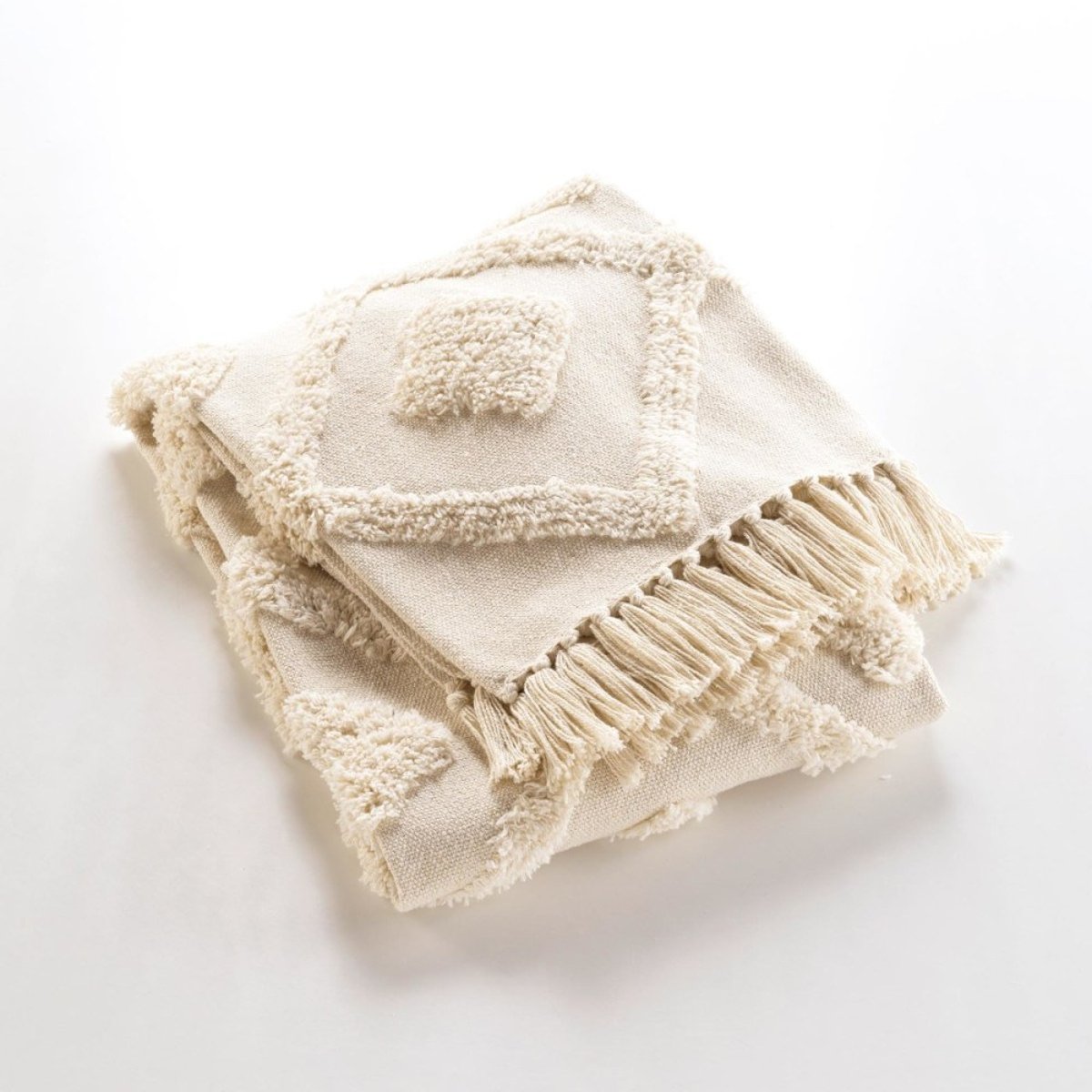 Plaid à franges 125x150 coton polyester tufté INCA beige, DECORATIE