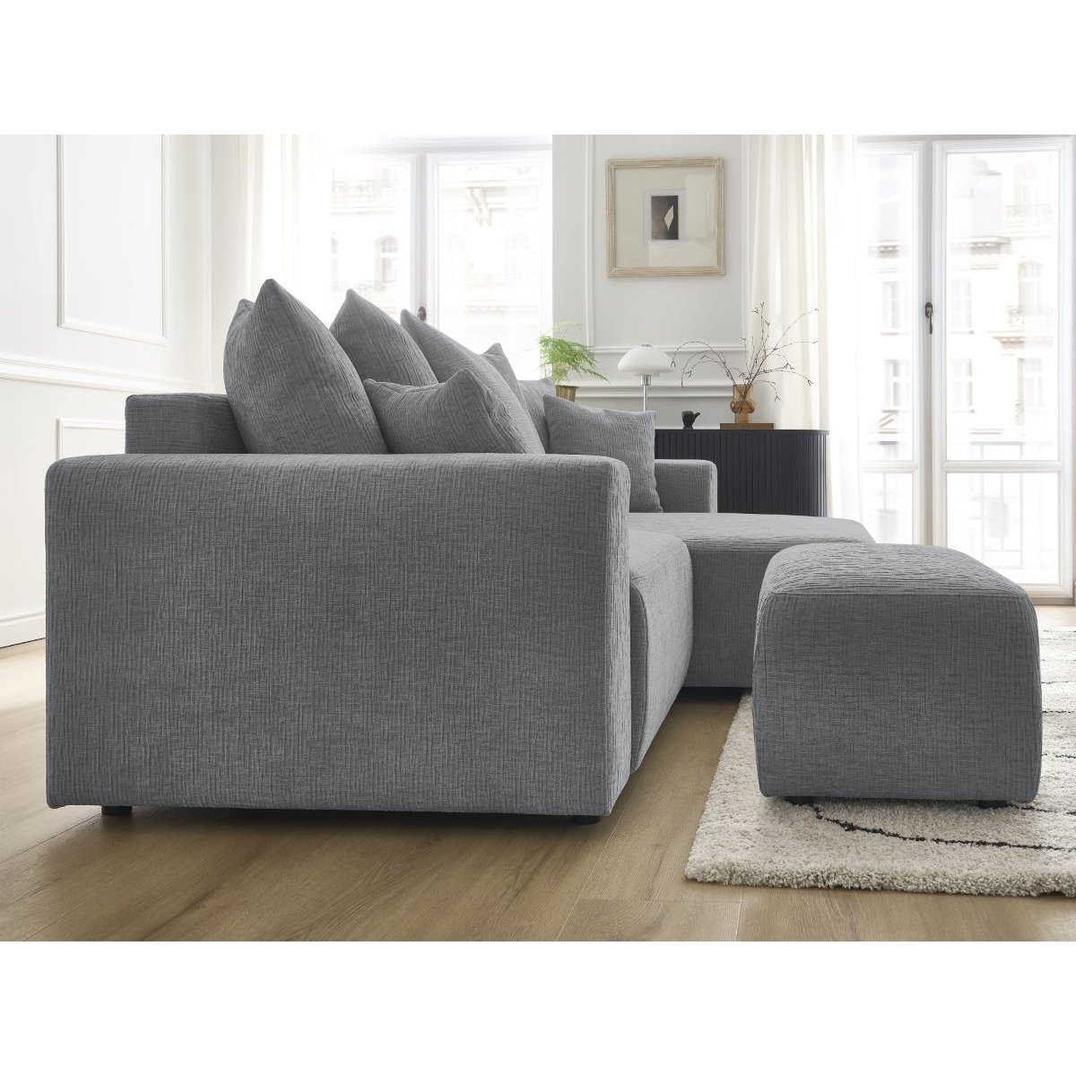 Canapé d'angle convertible 5 places en tissu texturé avec pouf, ATILLA gris foncé, BOBOCHIC