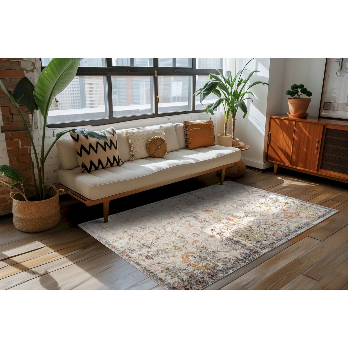 Tapis rectangulaire à poil court beige clair multicolore style oriental patiné, ARTE ESPINA
