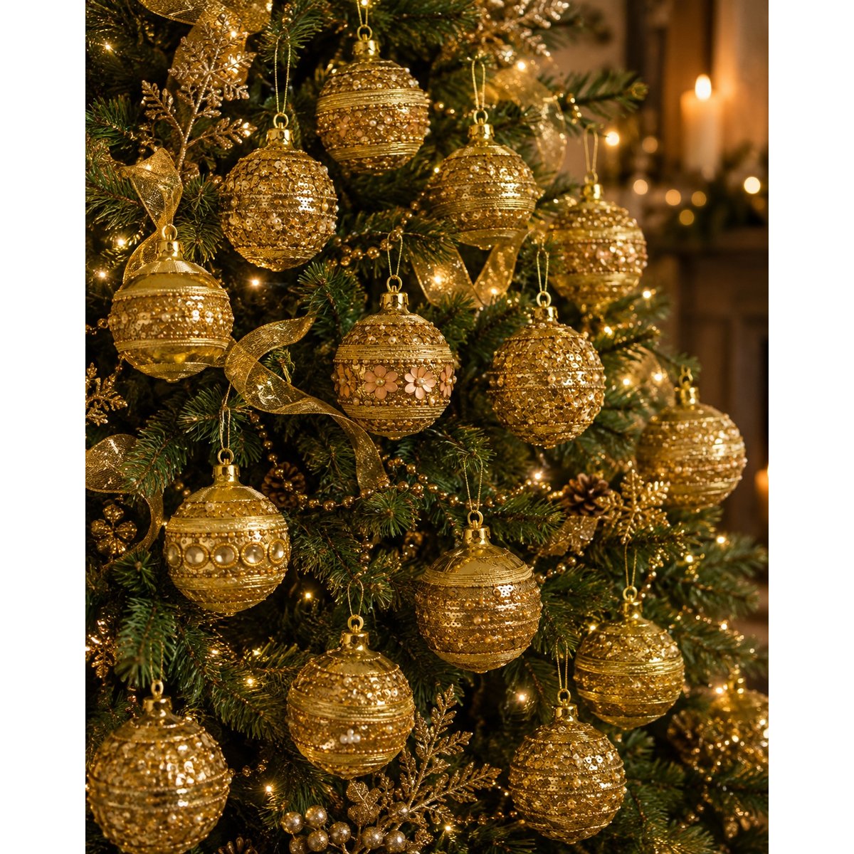 Set de 6 boules de Noël décorées – Sequins, strass et perles jaune, EDEN