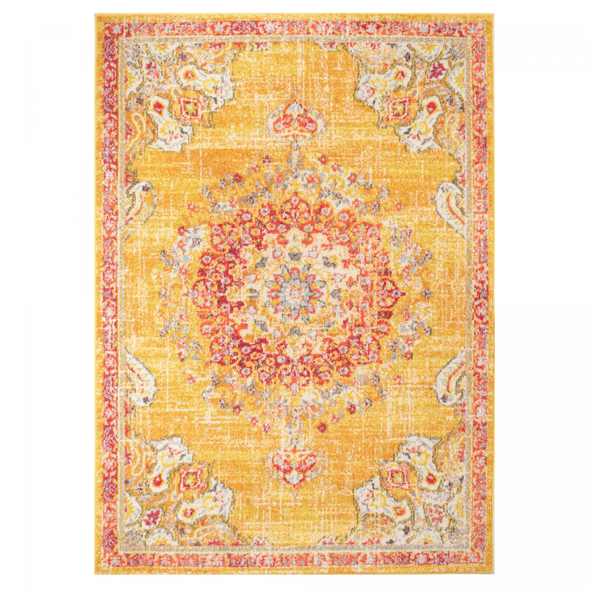 Tapis orient tissé motif traditionnel OLDA jaune, rouge, UN AMOUR DE TAPIS