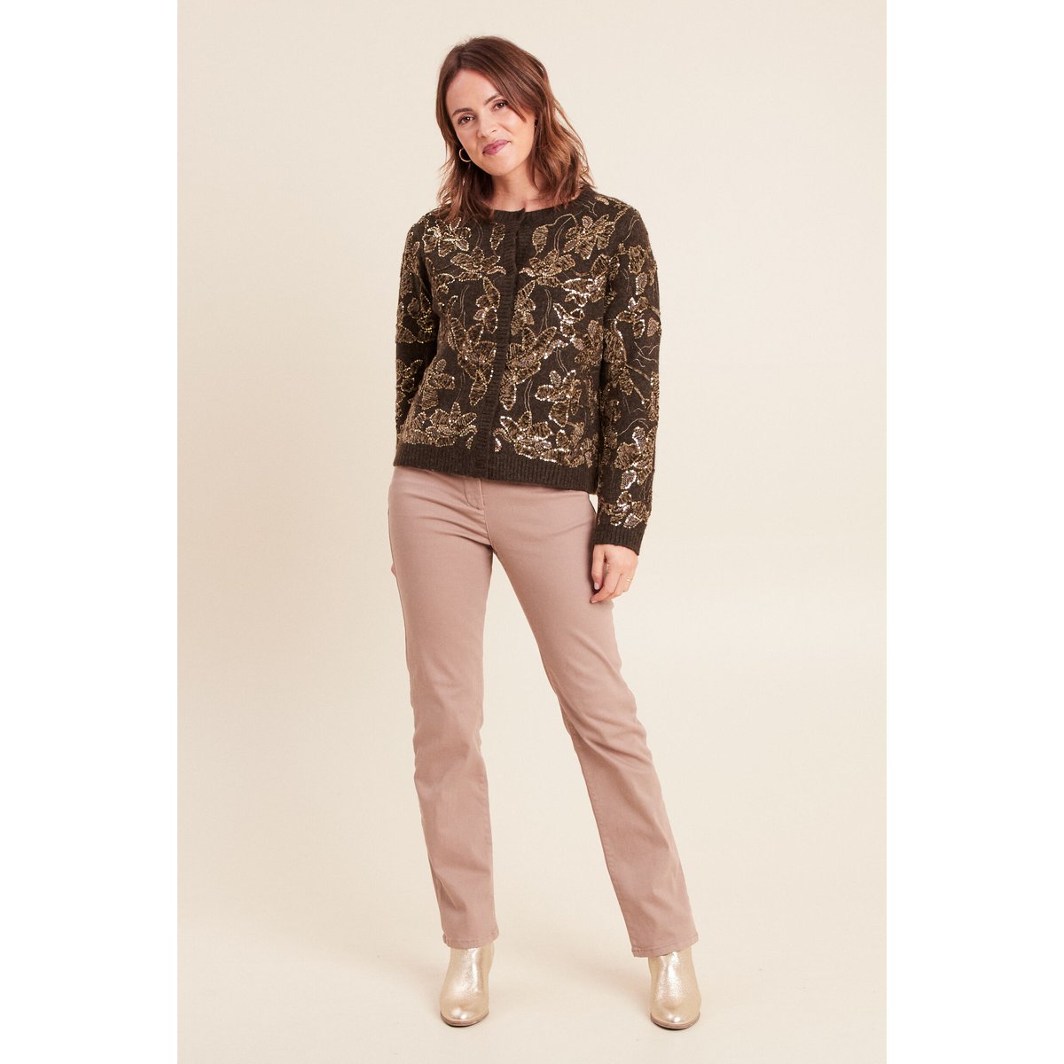 Gilet droit mi-long brodé à sequins vert kaki, BREAL