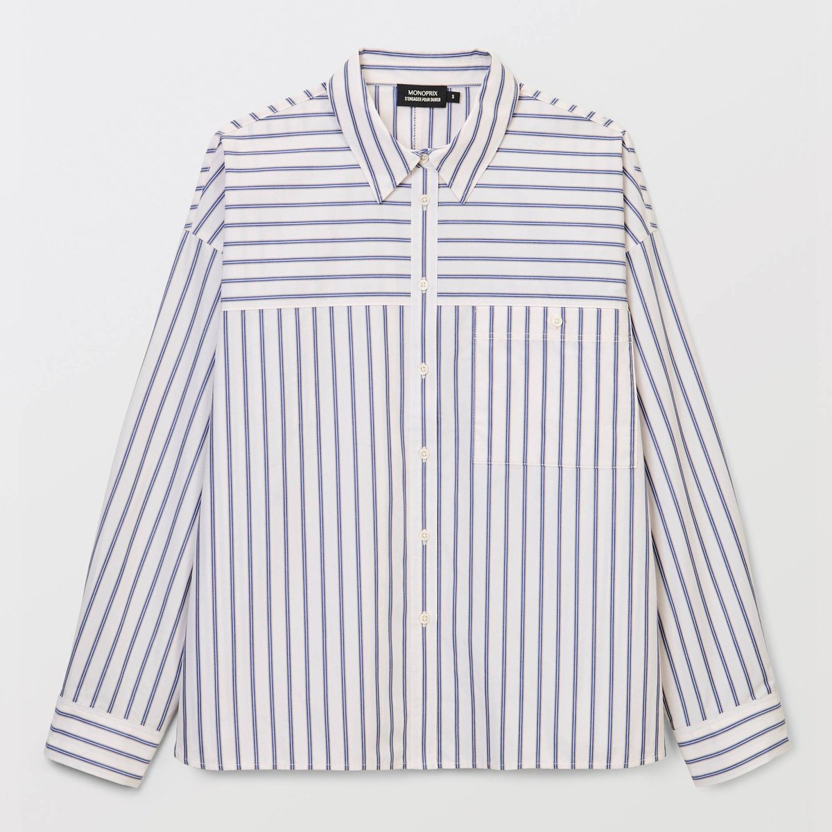 Chemise manches longues rayée en coton BIO GOTS blanc, MONOPRIX