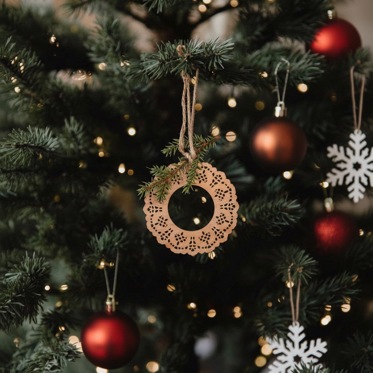 Suspension de noël rond avec pin décorative en bois H20 beige et vert, SIA DECO