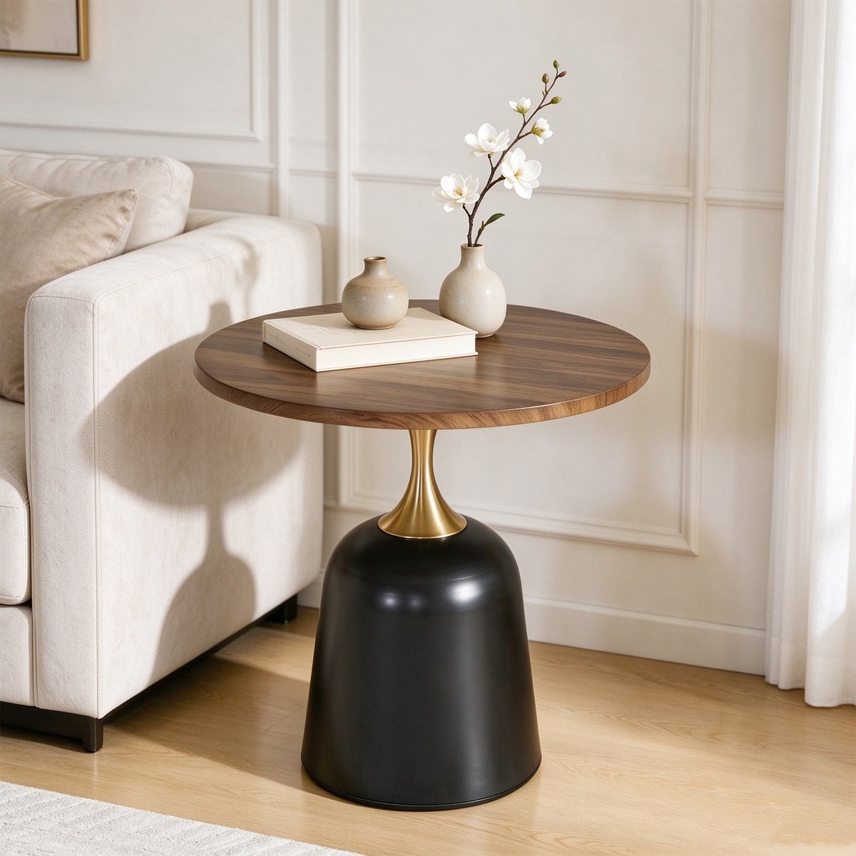 Table basse table dappoint ronde design épuré, CUPA imitation noyer, MEUBLES COSY
