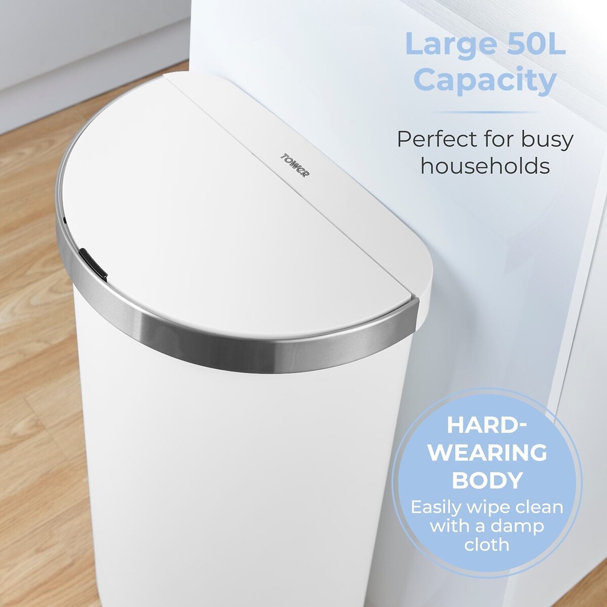 50L Metal Trim Curved Sensor Bin white, TOWER