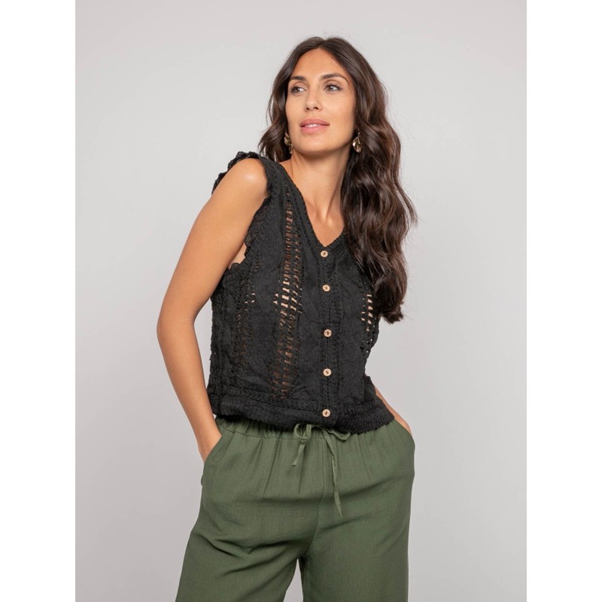 Gilet Crochet Sans Manches Klarine noir, DONA LISA