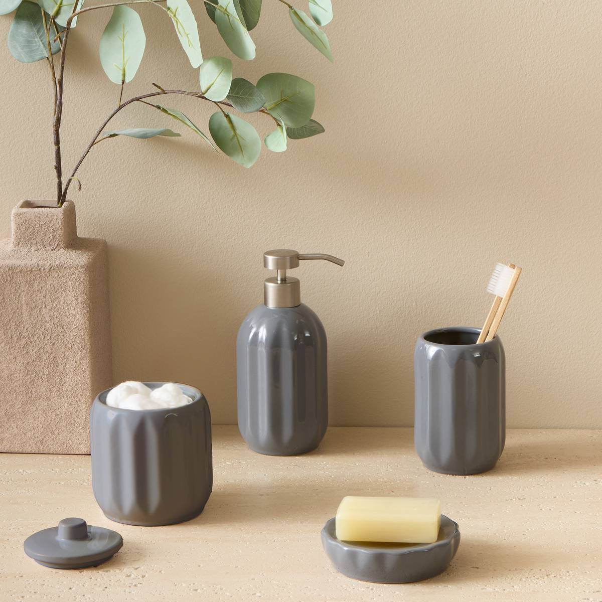 Pot à coton rond en grès COLORAMA gris, 5FIVE SIMPLY SMART