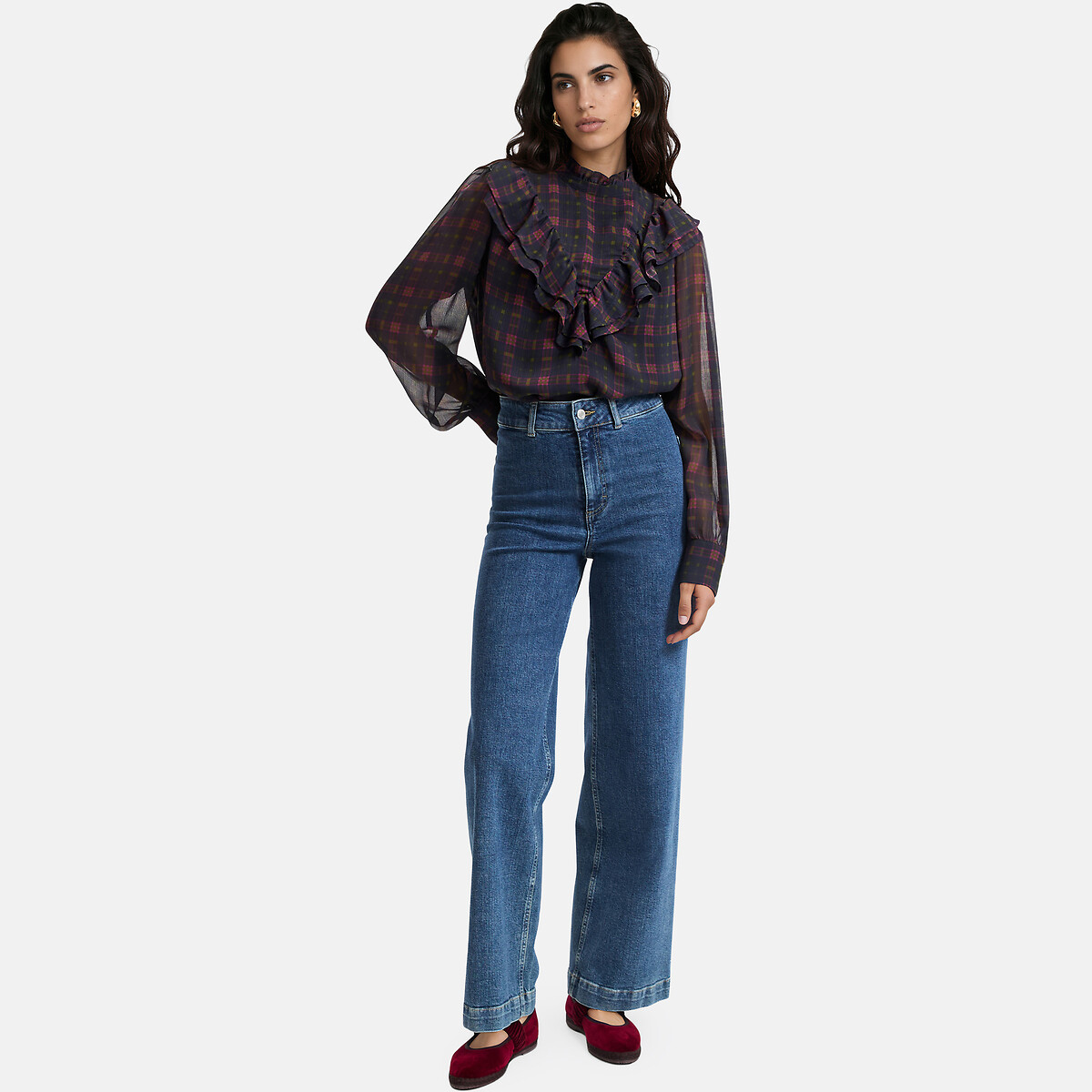 Blusa de cuadros, con volantes y manga larga cuadros azul, LA REDOUTE COLLECTIONS