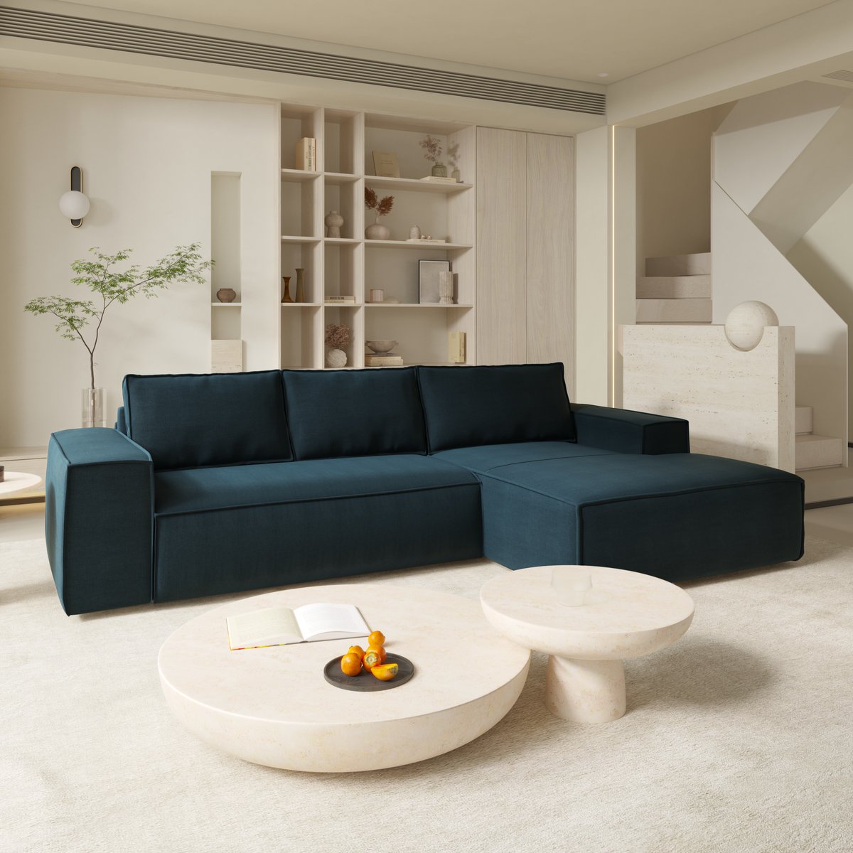 Canapé convertible angle droit 5 places en velours JOAN bleu paon, SIA HOME