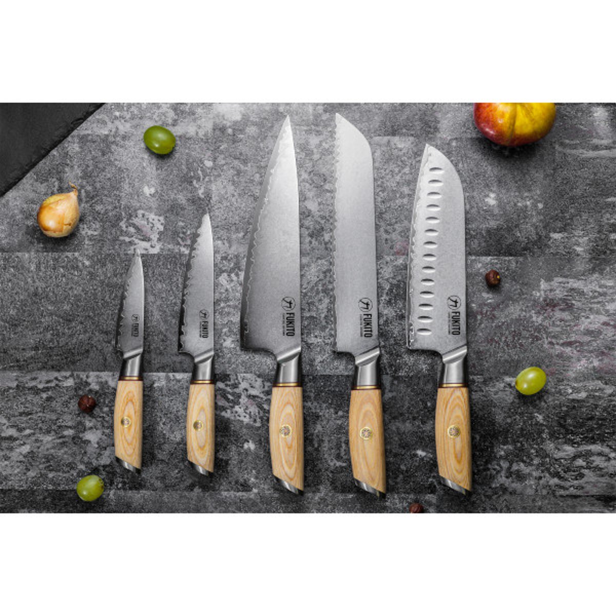 Couteau de cuisine Pakka San Mai modèle Santoku 18cm bois clair, FUKITO