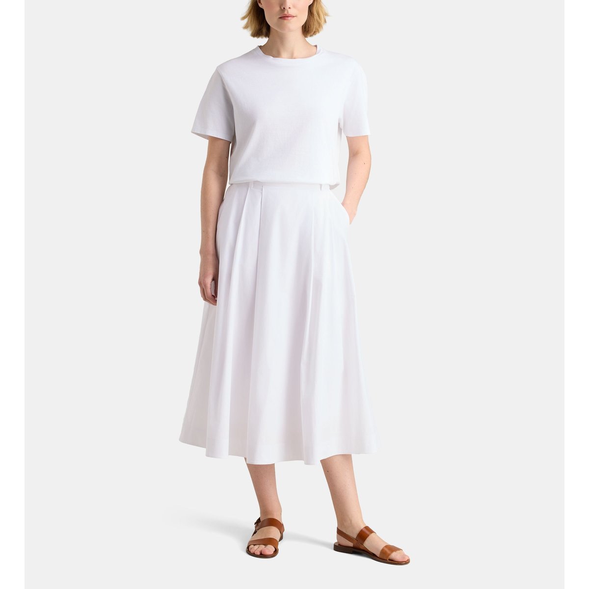 Jupe trapèze à pinces ecaille pop en popeline de coton bio blanc, GALERIES LAFAYETTE