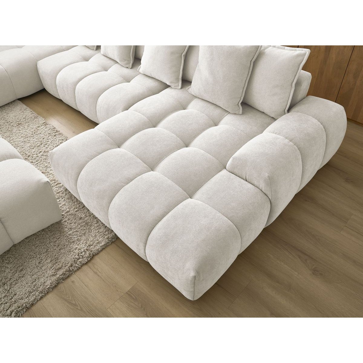 Canapé panoramique convertible 7 places en tissu texturé avec pouf, EVEREST blanc, BOBOCHIC