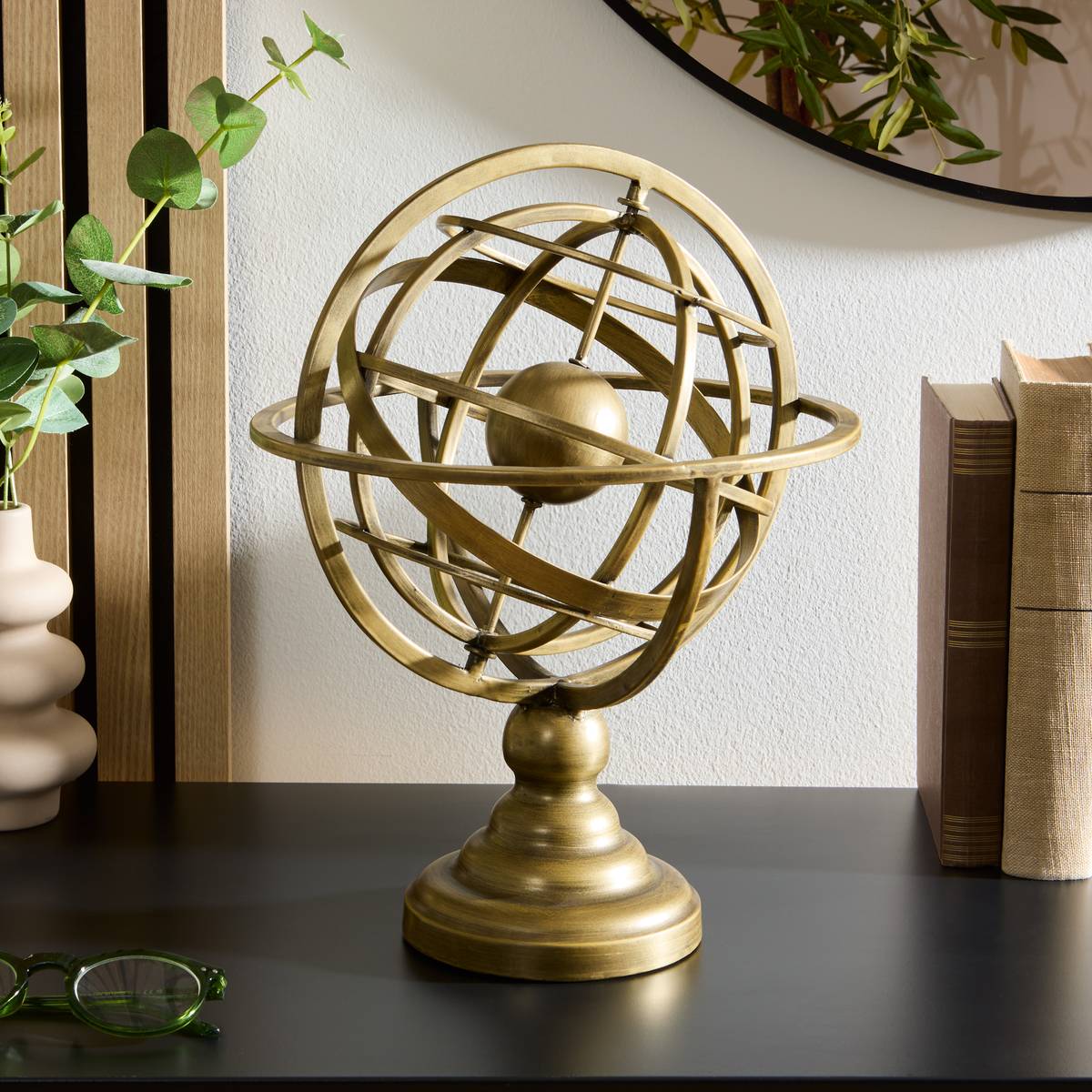 Objet déco sphère armillaire dorée H34cm SIA dore, ATMOSPHERA