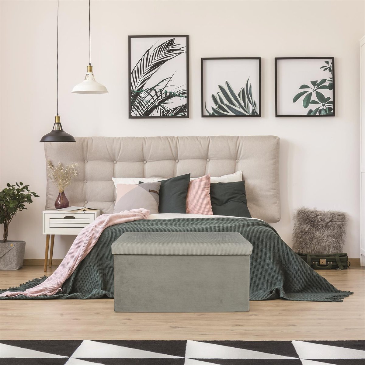 Coffre banc pliable design velours Giulia gris, EDEN