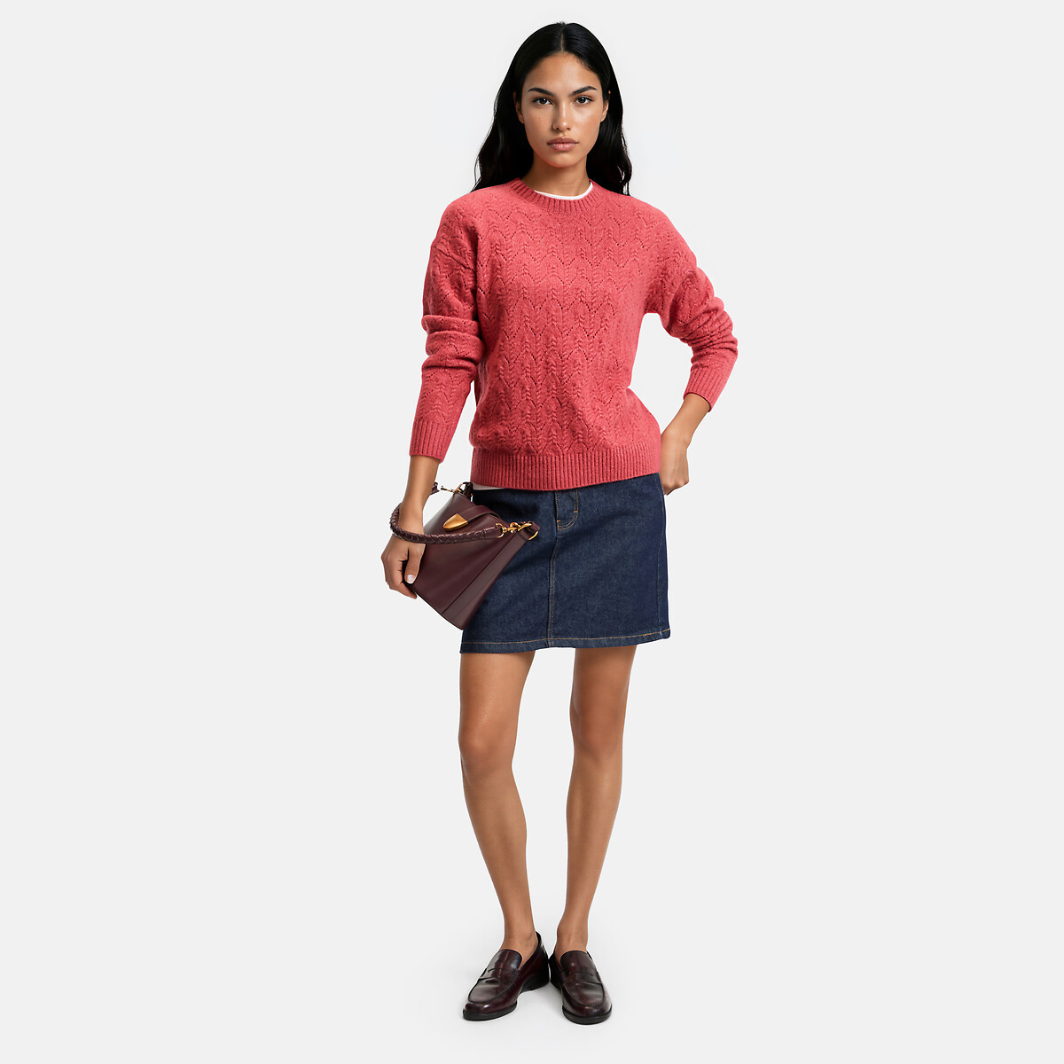 Openwork Cable Knit Crew Neck Jumper pink, LA REDOUTE COLLECTIONS