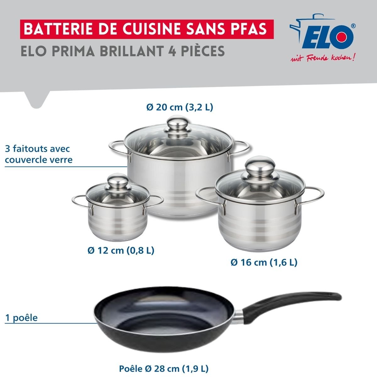 Batterie 1 poêle 28cm + 3 faitouts 12/16/20cm PRIMA BRILLANT noir, ELO