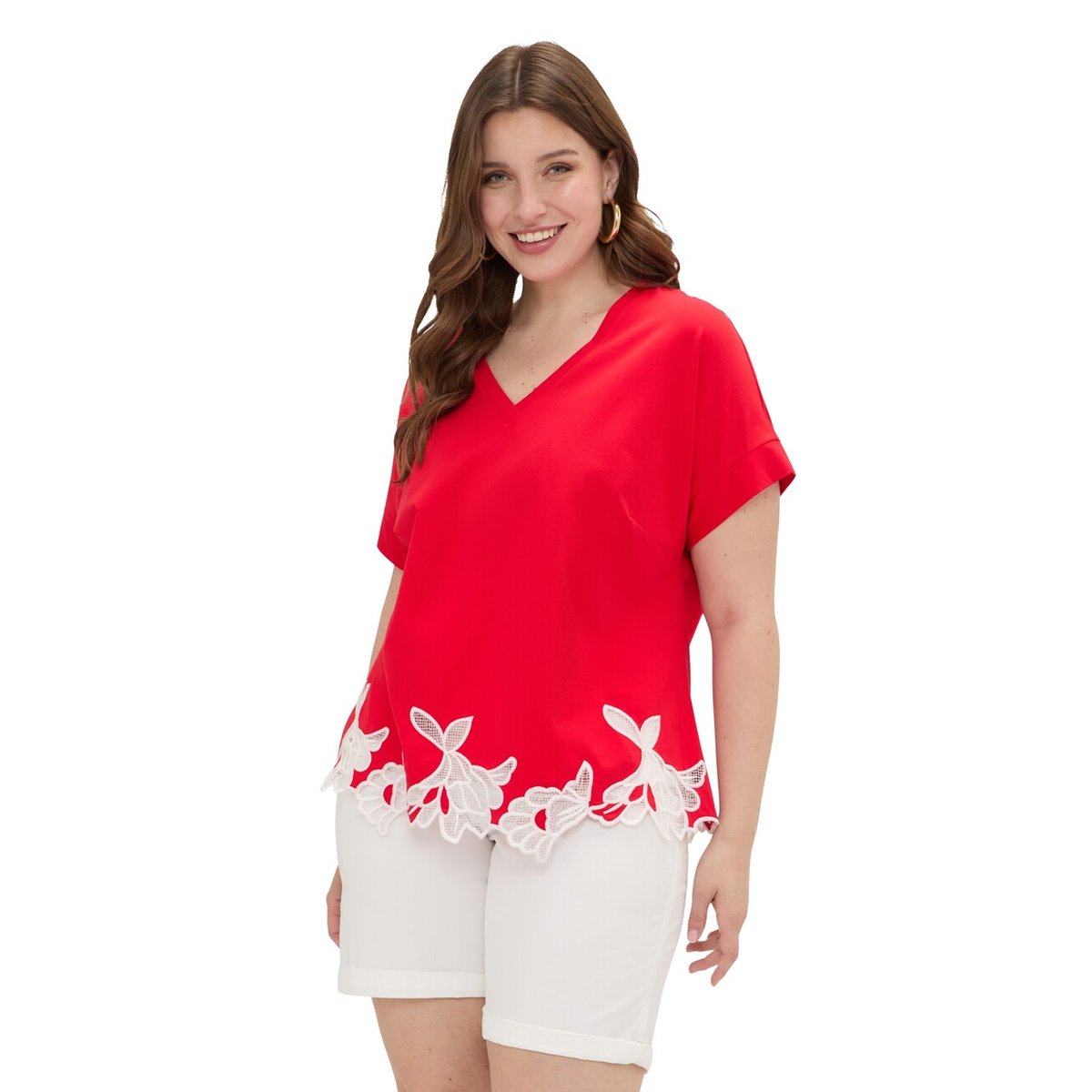 T-shirt avec broderies florales rouge, FIORELLA RUBINO