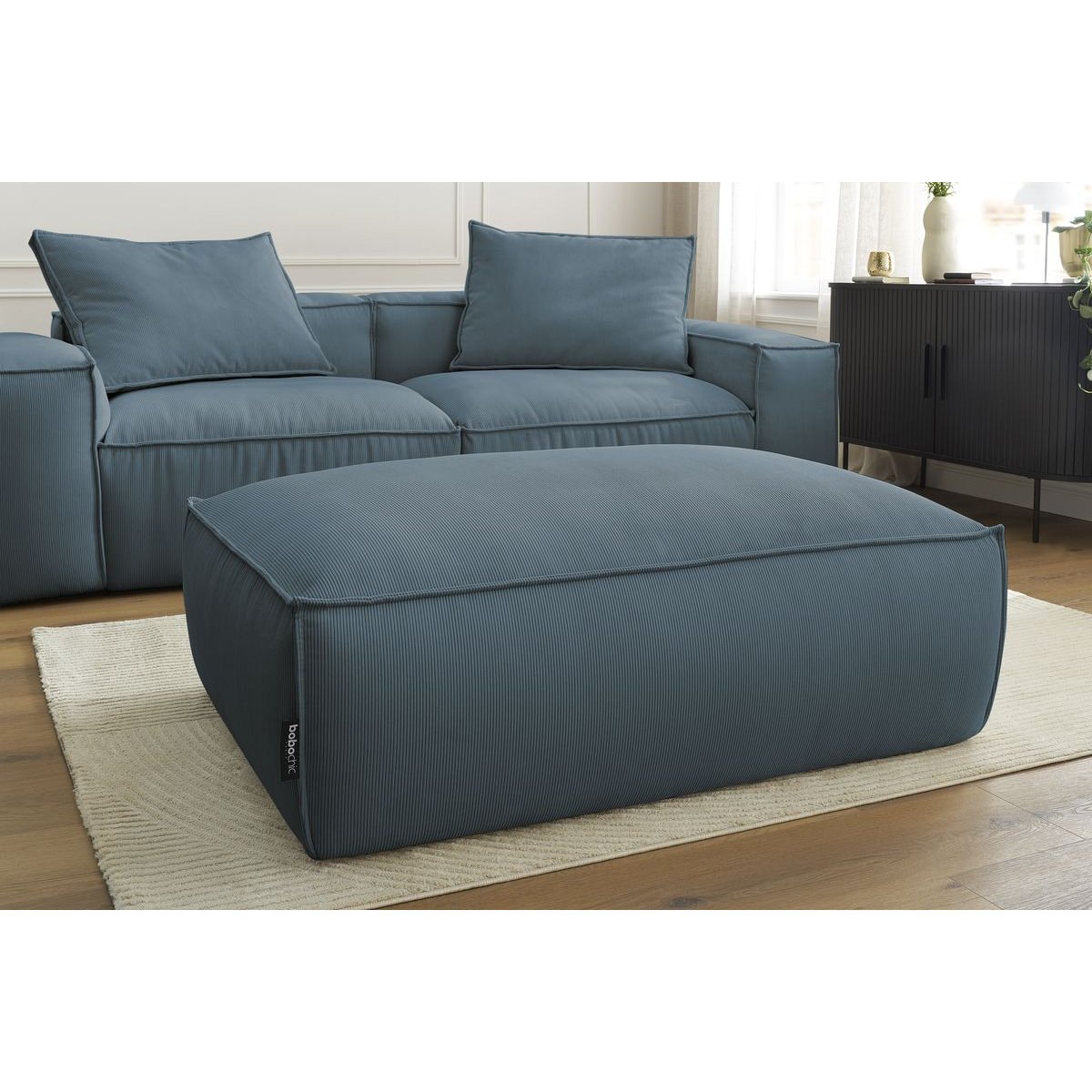 Canapé droit fixe 3 places en velours côtelé avec pouf, BOHEME bleu foncé, BOBOCHIC