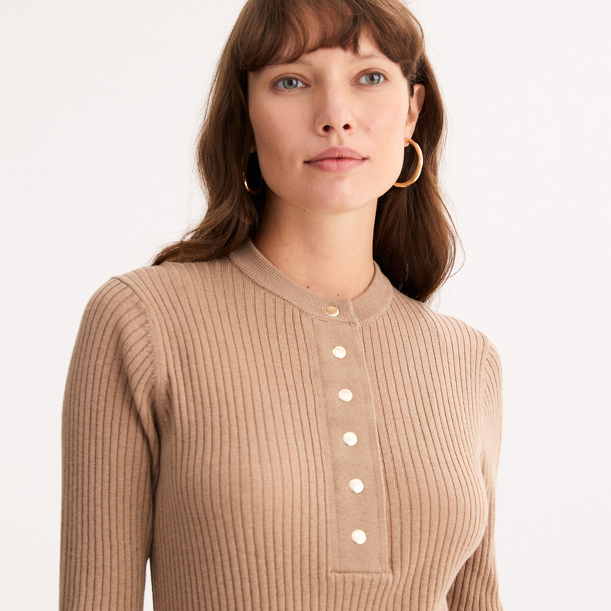 Pull col rond en laine mélangée, côtes plates camel, ANNE WEYBURN