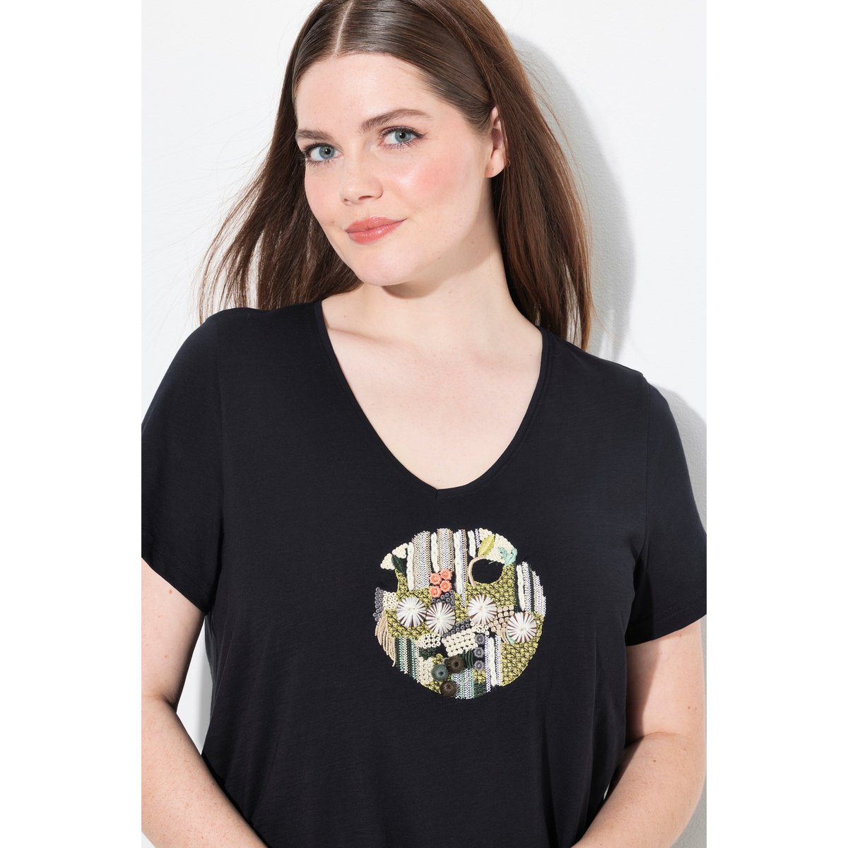 T-shirt, coupe A-ligne, encolure en V noir, ULLA POPKEN