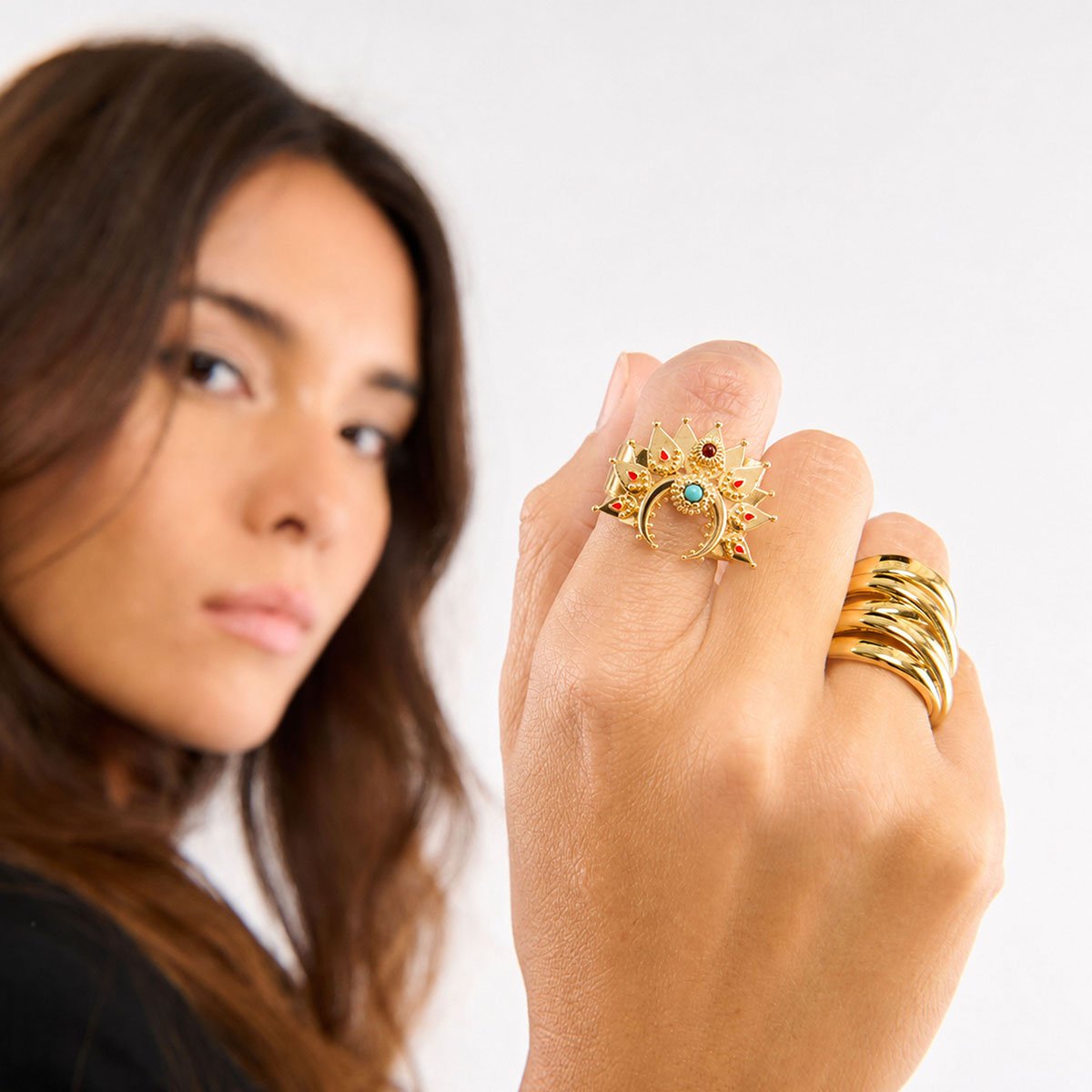 Bague réglable avec cabochon central GUNTER doré, HIPANEMA