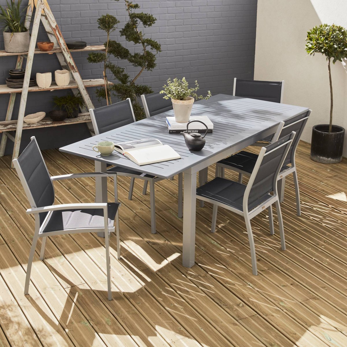 Table de jardin extensible aluminium + 6 assises CHICAGO 210 blanc / taupe, SWEEEK