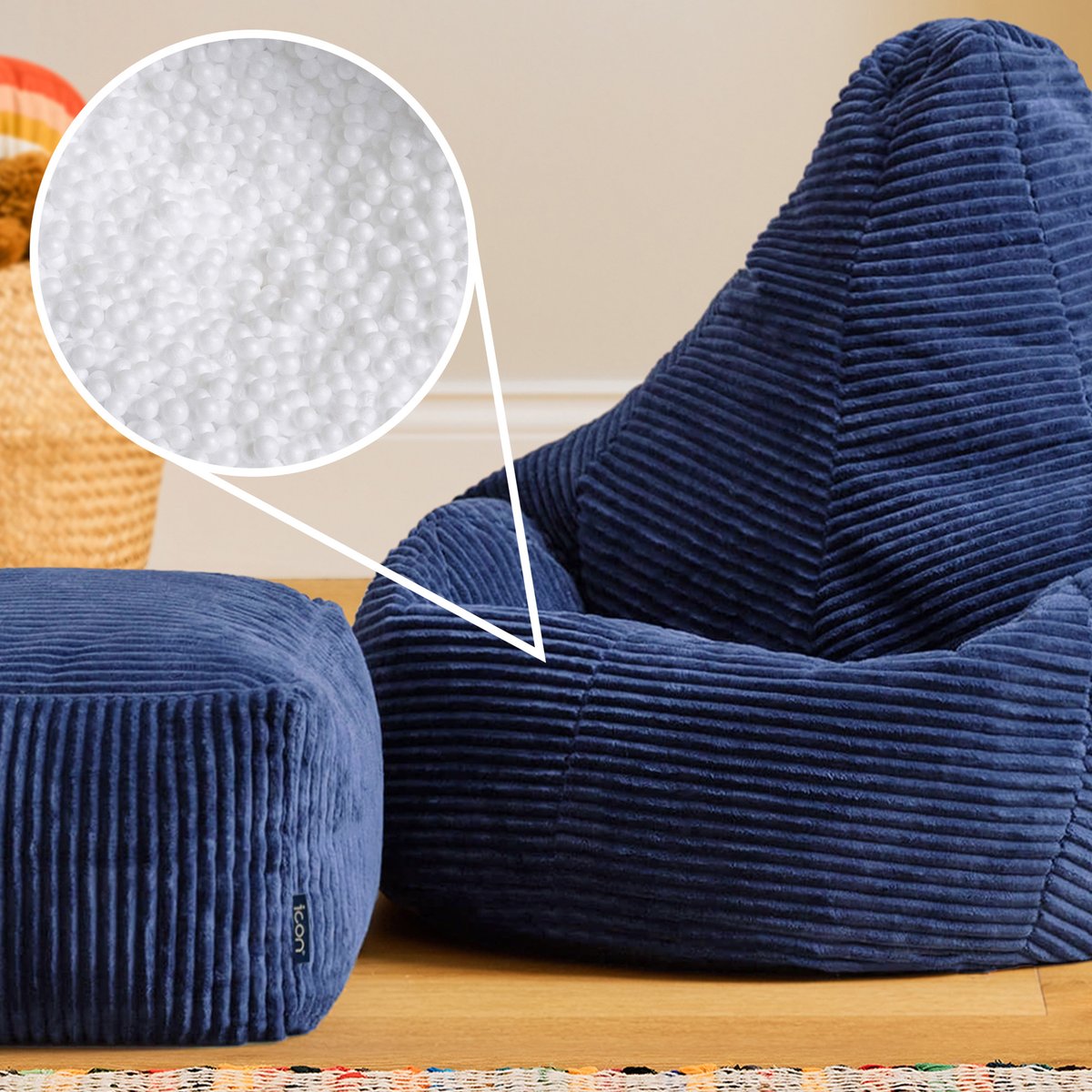 Pouf poire enfant à dossier haut avec repose-pieds carré assorti en velours côtelé Oeko-Tex® - DALTON bleu marine, ICON