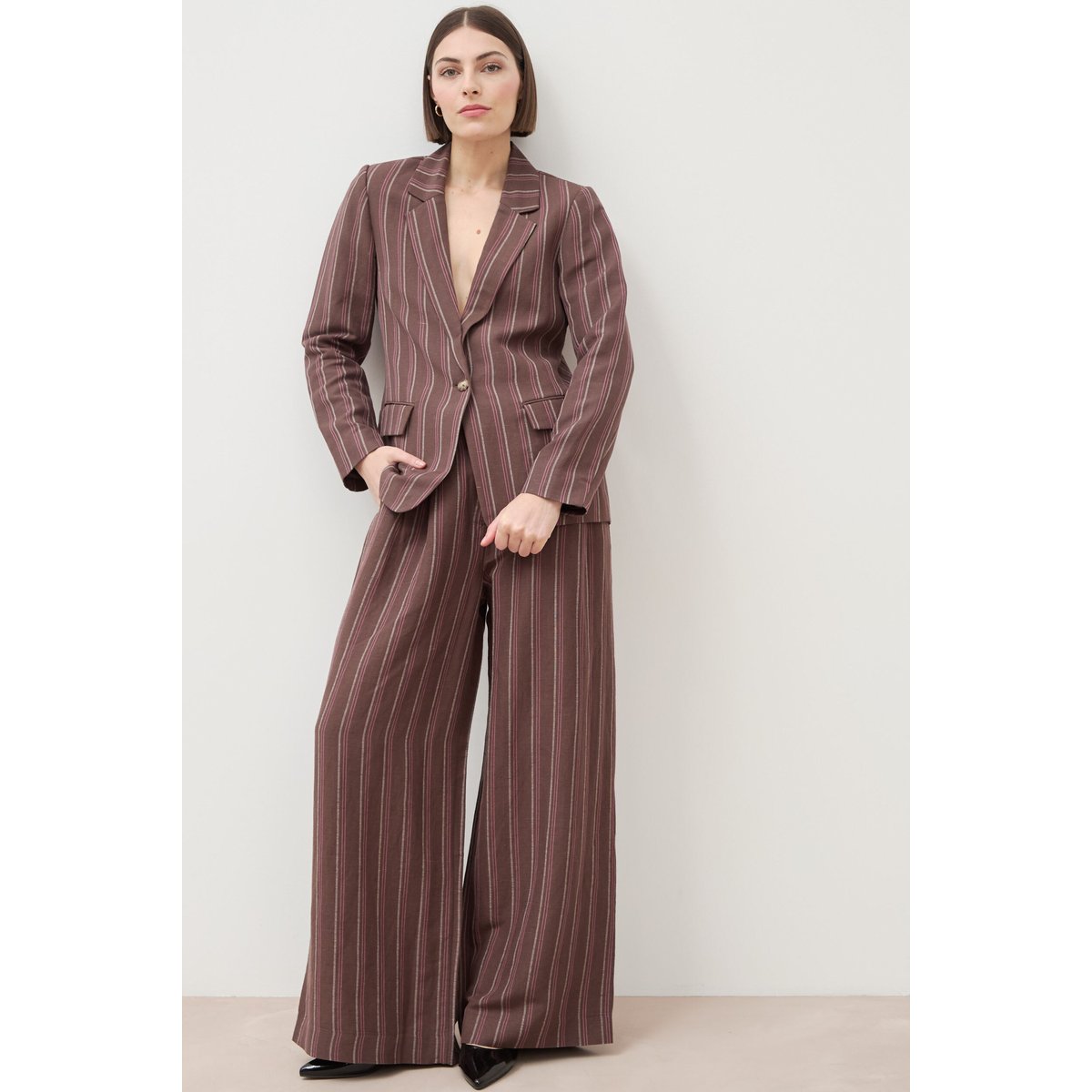 Pantalon large taille haute rayé marron chocolat, BONOBO