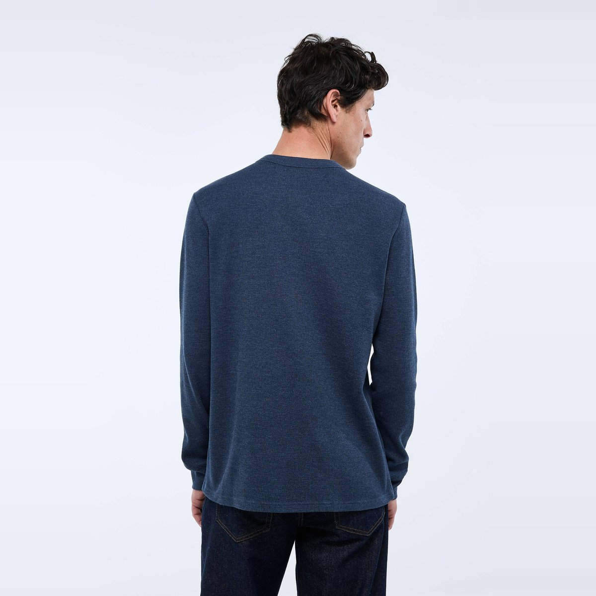 T-shirt col tunisien manches longues gaufré en coton BIO GOTS denim melange, MONOPRIX